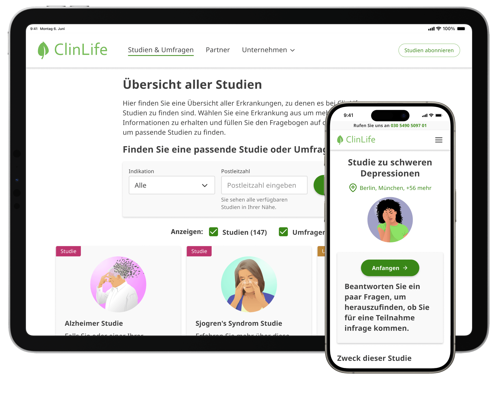 Tablet und Mobiltelefon zeigen eine Übersicht von klinischen Studien und die Startseite einer Studie zu Depressionen